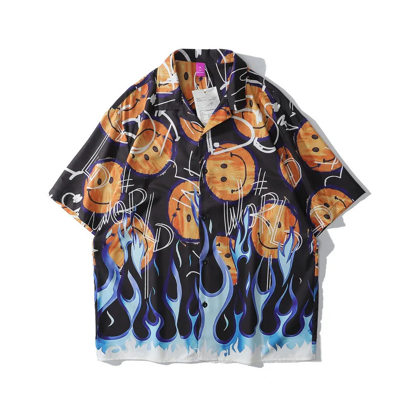 

2021 Short-Sleeved Shirt Men's and Women's Spring Summer New Smiley Face Flame High Street Hip Hop T-shirt Fashion Couple