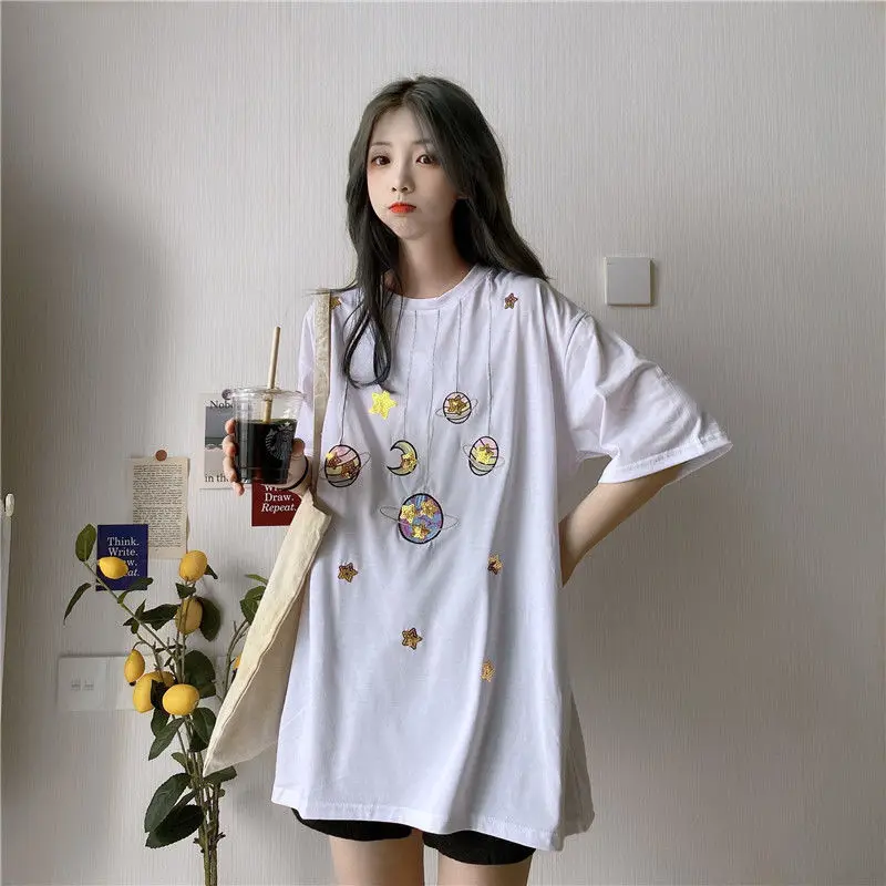 

Short-sleeved T-shirt Women Spring and Summer 2021 New Loose Korean Version Embroidery Mid-length Top Woman Tshirts