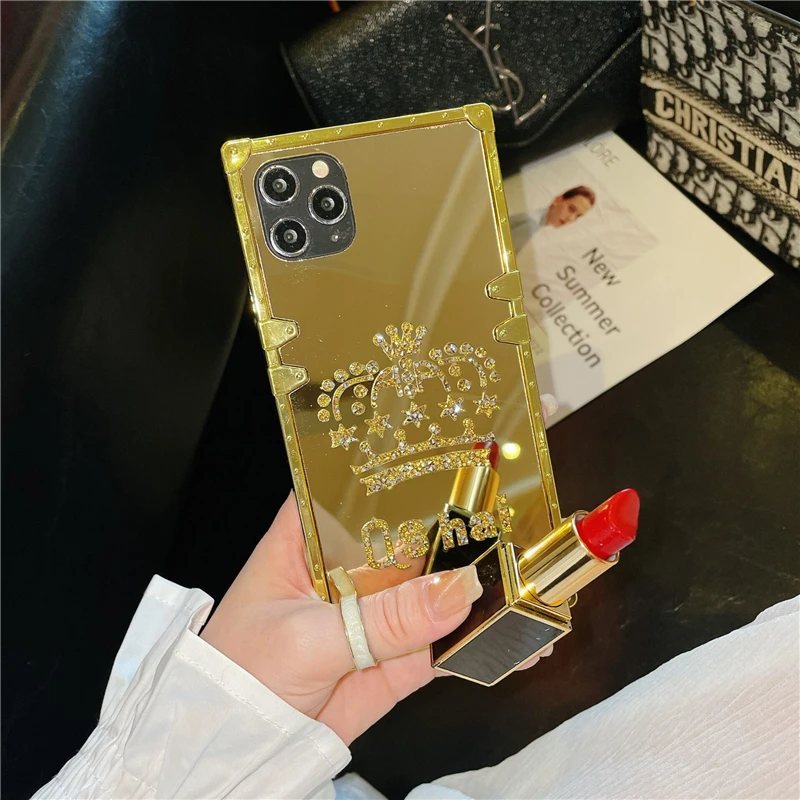 luxury golden square mirror phone case for iphone 12 13 11 pro xs max xr x 7 8 plus new hot crown fashion cover coque for women free global shipping