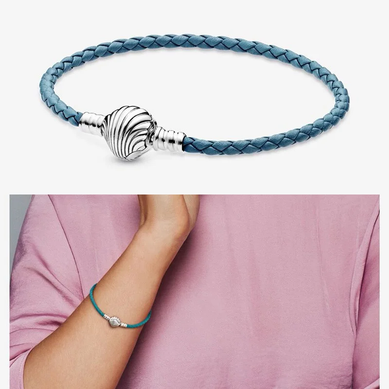 

Authentic S925 Sterling Silver Shell Chain Braided Leather Bracelet Suitable For Women's Diy Jewelry Original Charm