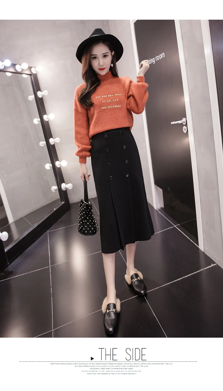 High Waist Stretch Knitted Skirt Women Elegant Double breasted Straight Long Skirts Female Autumn Winter Vintage Pleated Skirt