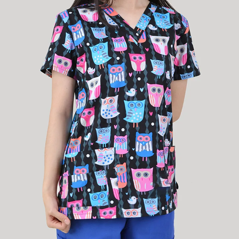 SCRUB TOP 16 Женский костюм медика с принтом топы хирургический Хлопок Топ больница медицинская Униформа V шеи с короткими рукавами доктор дантист Рабочая одежда - Цвет: SCRUB TOP 16