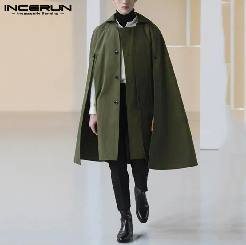 

Leisure Solid Color Lapel Neck Windproof INCERUN Men Cloak Capes Fashion Buttons Overcoats Man Loose Warm Poncho Streetwear 5XL7