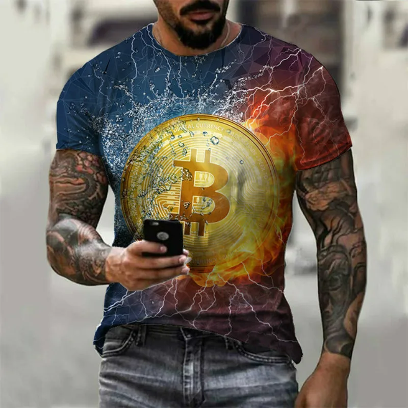 

2021 Summer T-shirt New Bitcoin 3D Digital Printing Casual Men's Breathable Round Neck Short Sleeve Sports Top