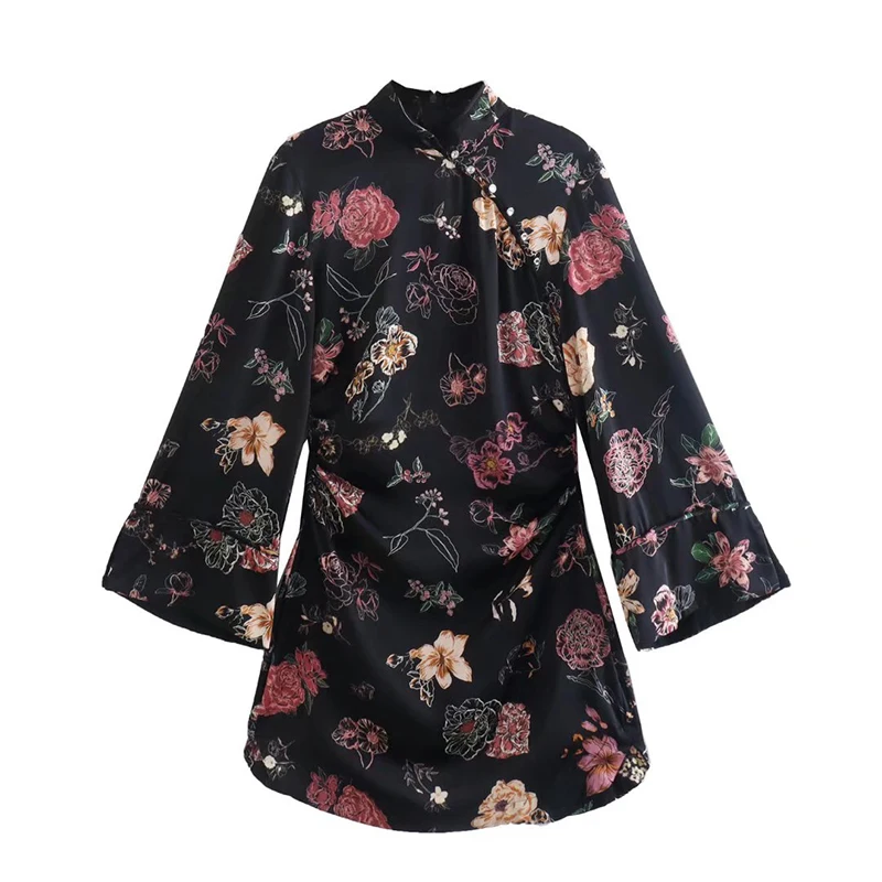 

YENKYE New 2022 Women Stand Collar Floral Print Slim Mini Dress Ladies Long Sleeve Casual Vintage Vestidos Short Robe