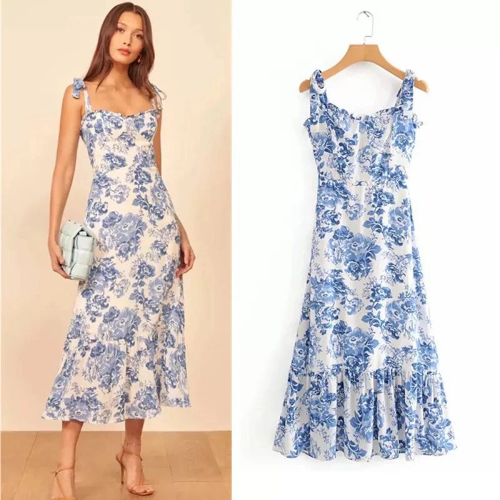 

Vintage Blue White Floral Print Dress Woman Sexy Spaghetti Strap Tie Chiffon Elasticity Elegant Ruffle A Line Midi Dress 602