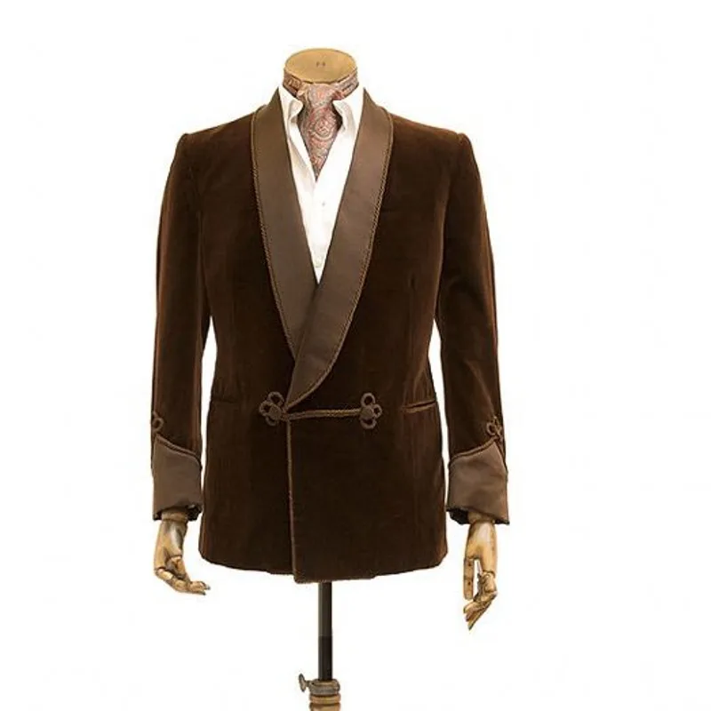 Latest Designs Double Breasted Brown Velvet Smoking Jacket Only Men Smoking Blazer Jacket Shawl Lapel Formal Night Men's Jacket