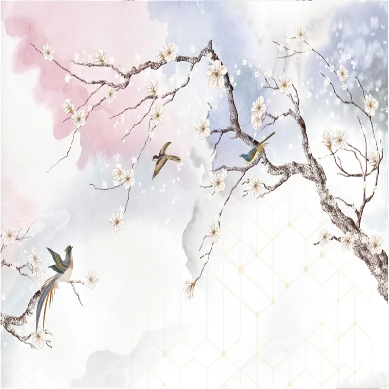 HD китайский стиль ручная роспись Акварель Цветы и птицы Настенная живопись