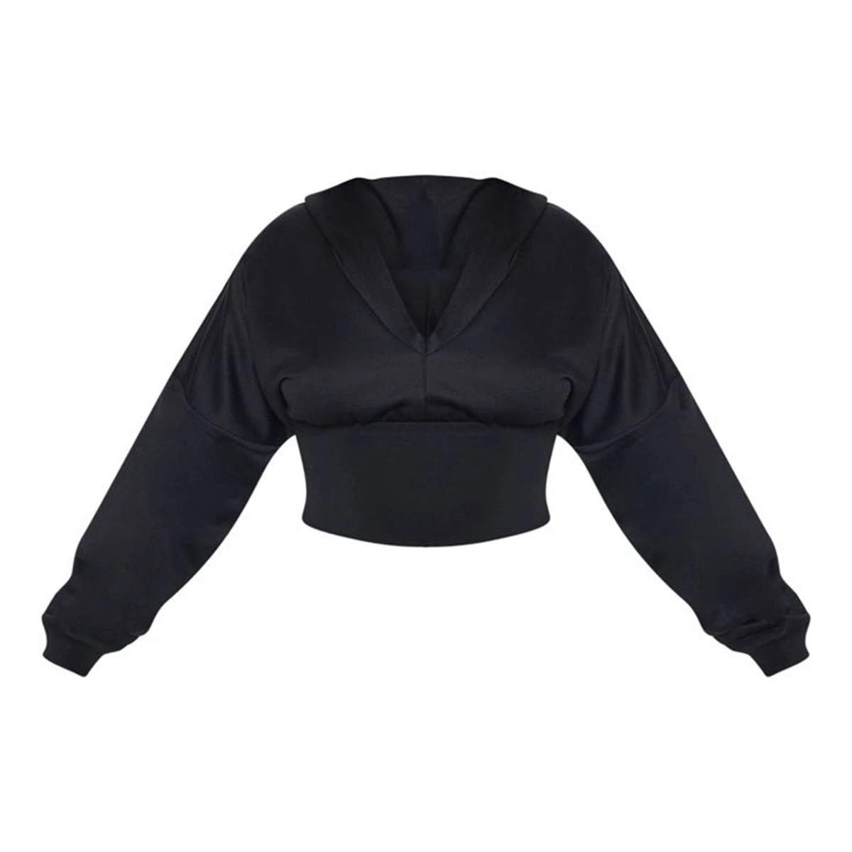 Large size V-neck solid color short section long-sleeved hooded waist top |