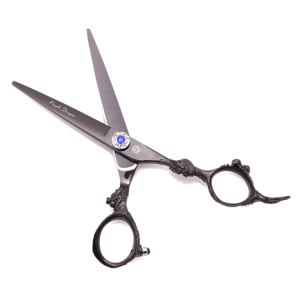 Барберские ножницы с сумкой Purple Dragon 5.5" Япония 440C для стрижки и разреживания волос 9004# черного цвета с рисунком на ручке.