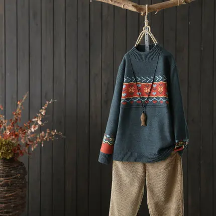 

Женская одежда размера плюс, жаккардовые вязаные пуловеры с длинным рукавом, Свободный Повседневный зимний свитер