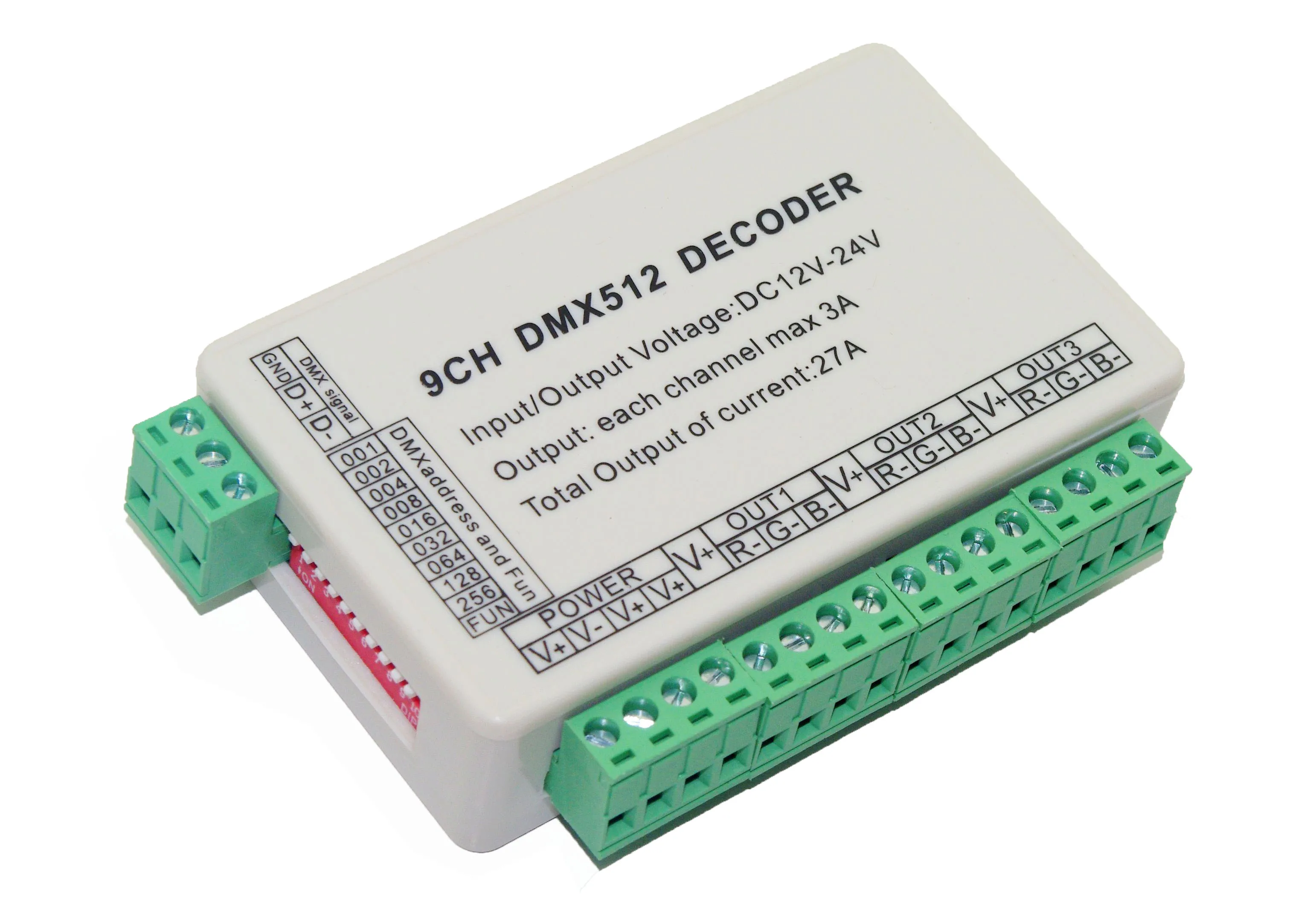 

9CH DMX декодер постоянного напряжения; DC12-24V вход; 9CH * 3A выход