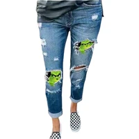 ripped skinny jeans women vintage green hair printed denim pants causal high waist hole full length female new pencil trousers