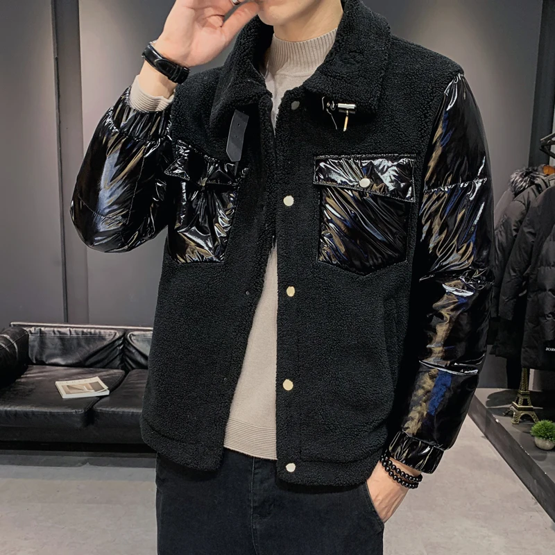 Осень-зима, толстая Мужская куртка, модная,, передний карман, Декор, пэчворк, мех ягненка, пальто, мужская, длинный рукав, теплая, повседневная, Veste Homme