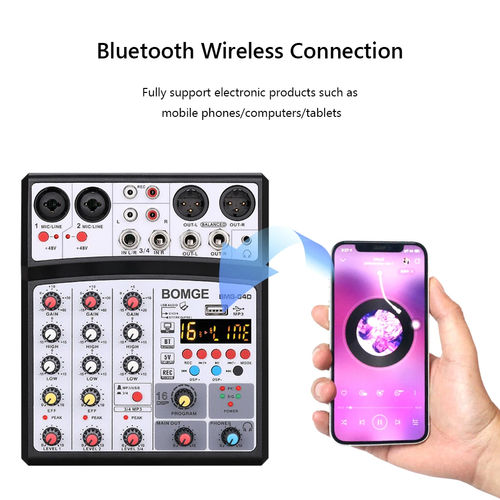 

4-канальный звуковой микшер, DJ-консоль, Bluetooth-совместимая звуковая карта USB с 48 В фантомным питанием, 16 DSP-эффектов