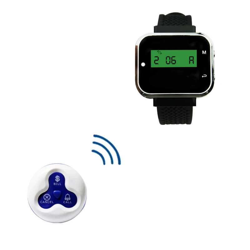 

Беспроводная система вызова, 1 наручный ресивер + 1 Водонепроницаемая кнопка для фаст-фуда, ресторана, церкви, офиса, бара