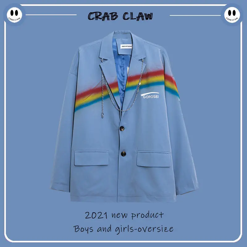 Blazer Women 2021 Spring Rainbow Print Small Suit Female Trend Cool Girl Style Loose Casual Couple Jacket Unisex +Matching Chain