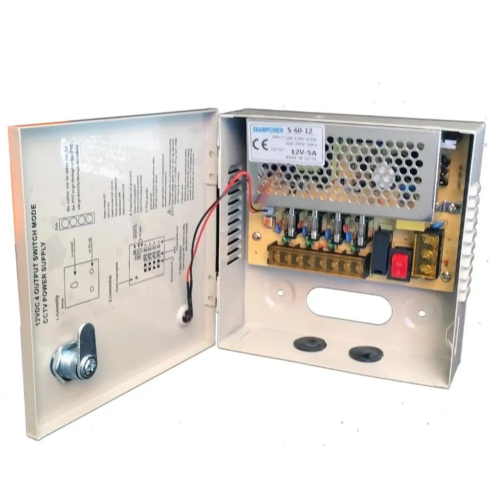 CCTV Power Supply 4CH Port Box, Distributed Power Supply for CCTV DVR Security System and Cameras, Output 12V 5A 60W Maximum