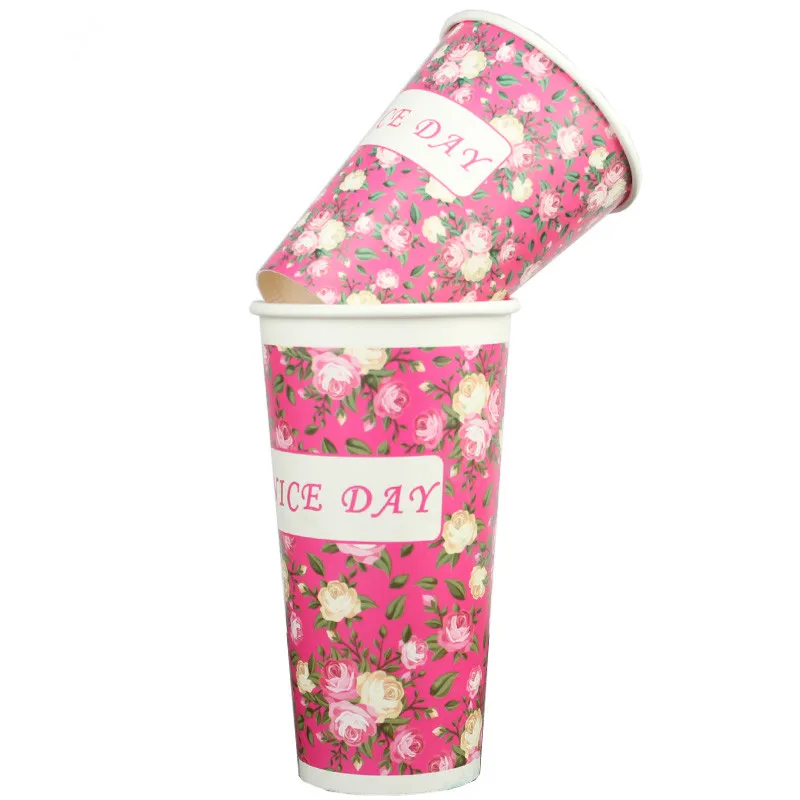 

50pcs High quality flower disposable milk tea paper cup 700ml large rose nice day party favors coffee juice drink cup with lid