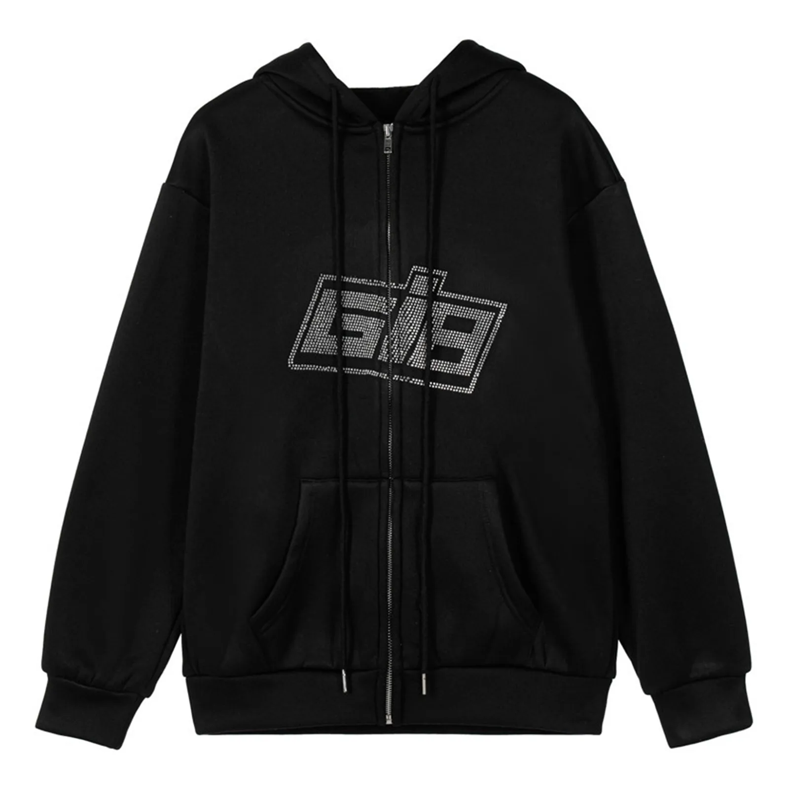 

Y2K Oversize Girls Rhinestone Vintage Letter Print Women Autumn Long Sleeve Sweatshirt Hoodie Zipper Loose Oversized Streetwear