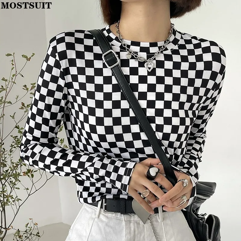 

Checkerboard Plaid Women T Shirt Tops Spring Autumn Full Sleeve O-neck Tees High Street Casual Fashion Chic Female T-shirt