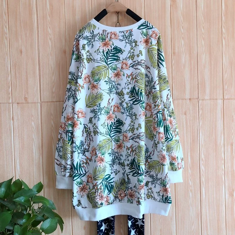 

QING MO Vintage Floral Print Women Sweatshirt 2021 Autumn Letter Print Pullover Coat Plus Size Irregular Sweatshirt QYF327A