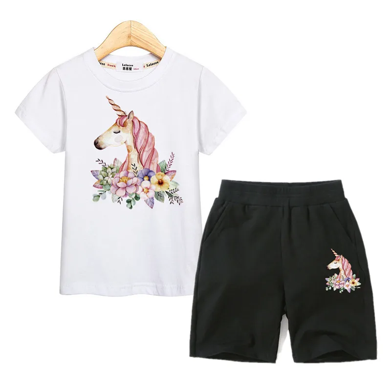 

Girl Cotton Outfit Suit Flower Unicorn Print Costume Kids Short Sleeve Tops Tees Shorts 2pc Set Girl Clothing