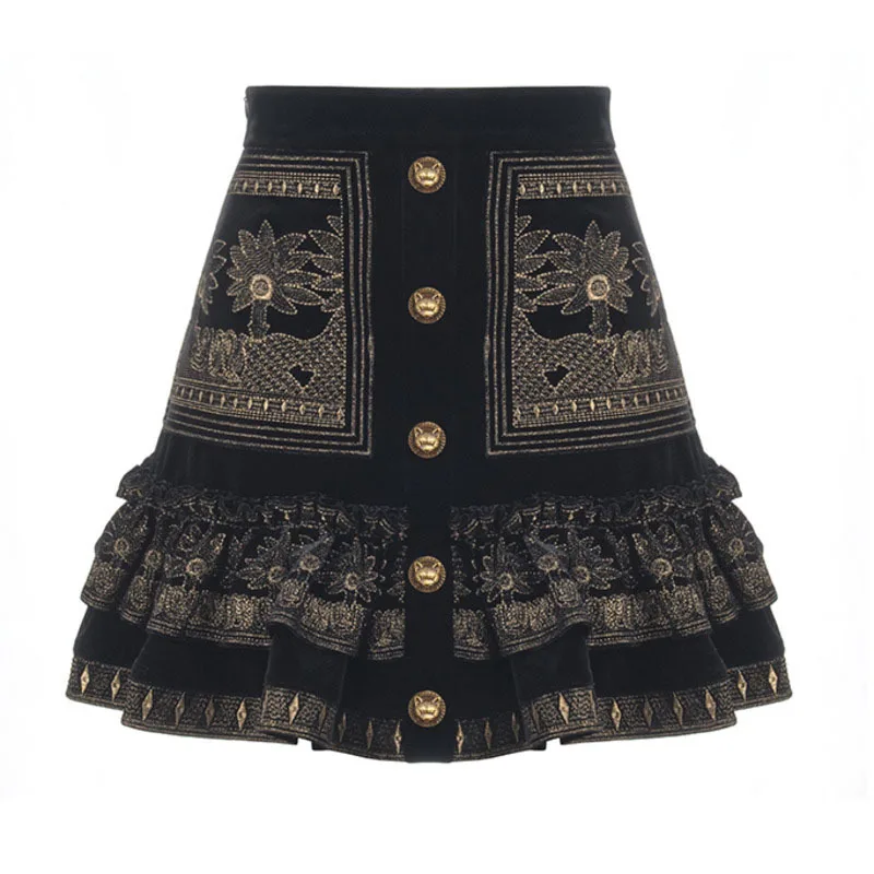 

DEAT High Waist Half-body Black Lace Embroidery Print Ruched Short Above Knee Skirt Women Fashion New Spring Summer 2021 3D1701
