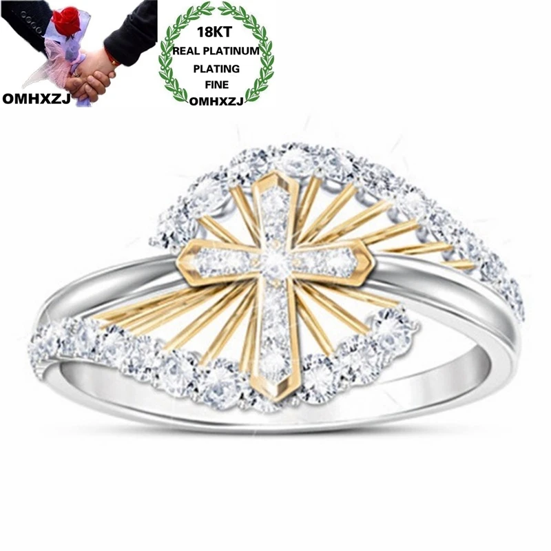 

OMHXZJ Wholesale RR1161 European Fashion Fine Woman Girl Party Birthday Wedding Gift Cross AAA Zircon 18KT Gold White Gold Ring