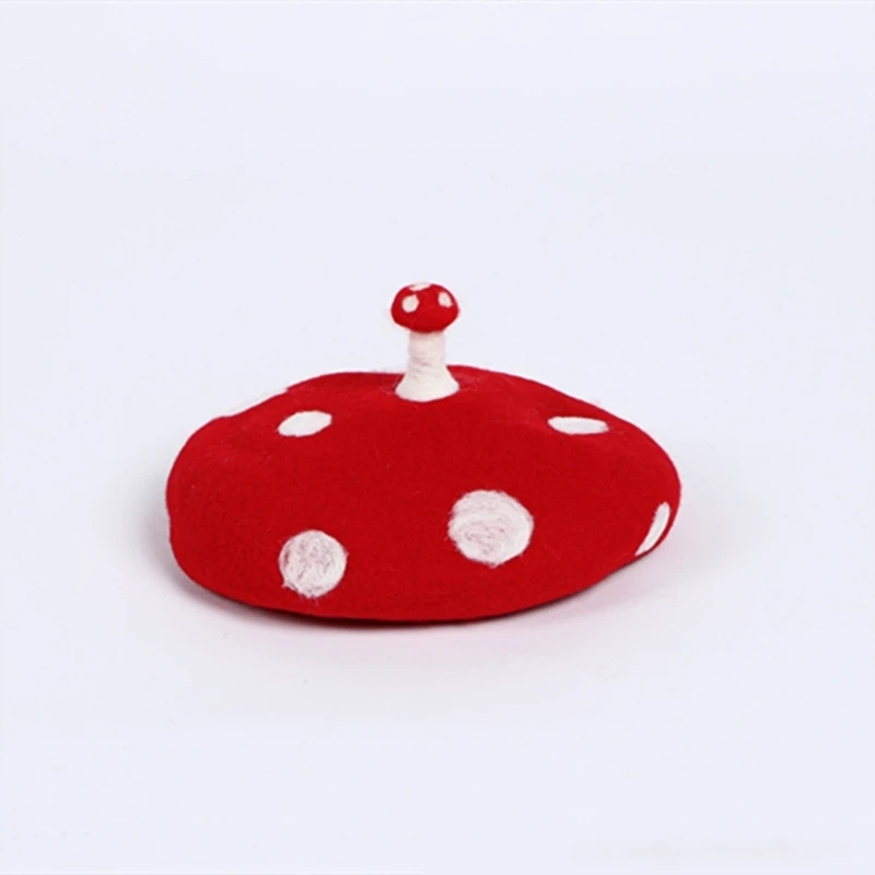Women Kids Cute Small Mushroom Beret Cap Faux Felt Wool White Point Painter Hat M89E