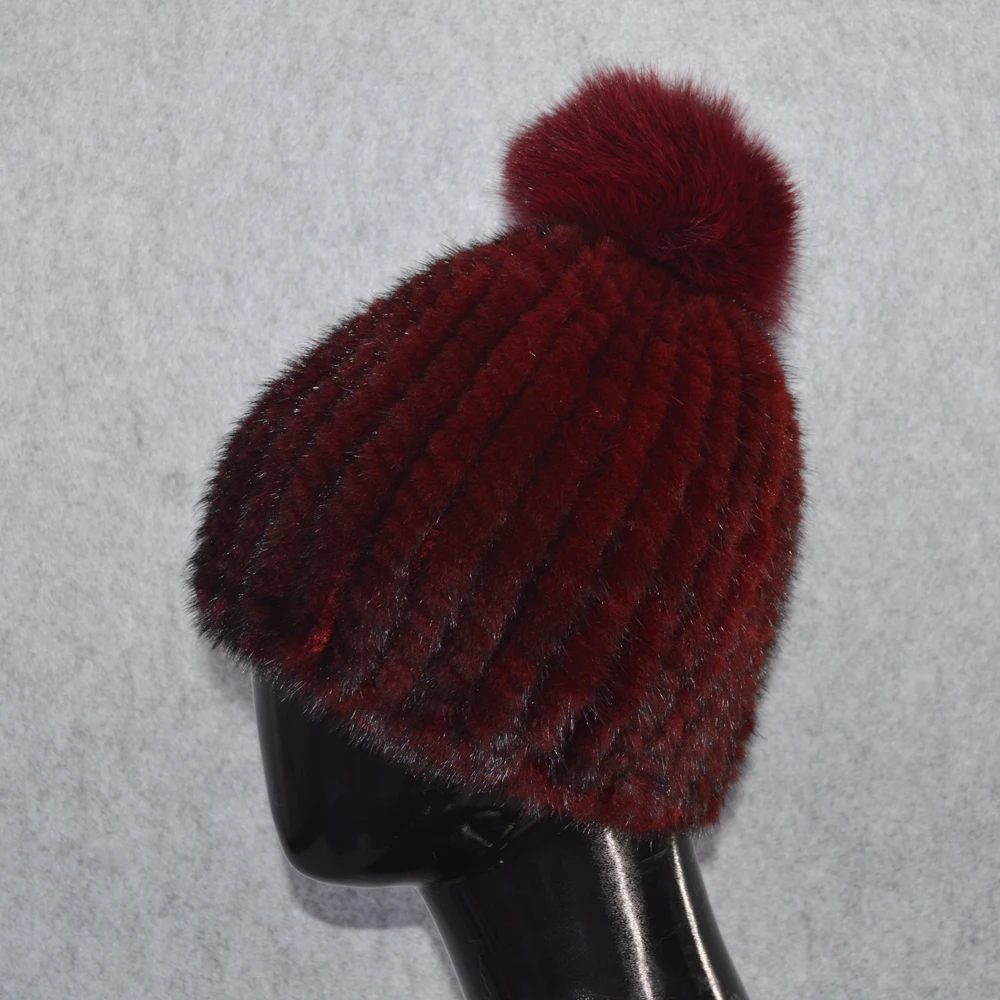 Женские вязаные шапки ручной работы зимние теплые из натурального меха норки