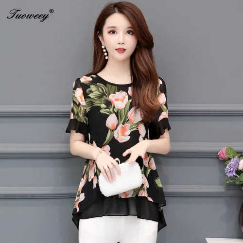 

2019 New Large size 5XL Women's Summer Chiffon Shirt Fashion Floral Loose Blouse Round neck Short-sleeved Shirt Female