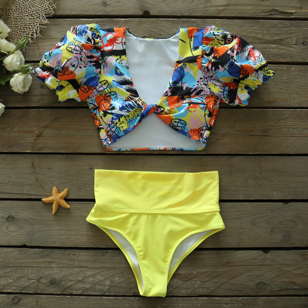 Сексуальный женский комплект бикини с пышными рукавами Купальник бандо принтом