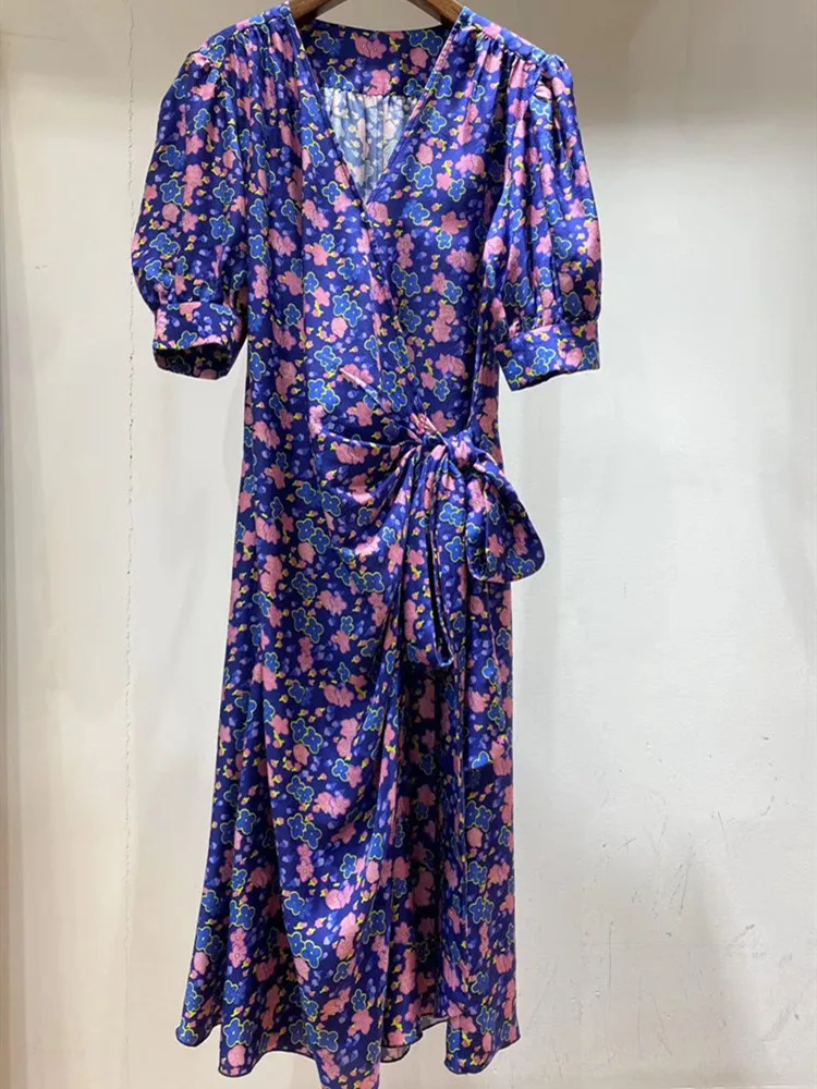 Floral Women V-neck Wrap Midi Dress 2020 Summer Waist Lace-up Lady Fashion Short Sleeve Dresses | Женская одежда
