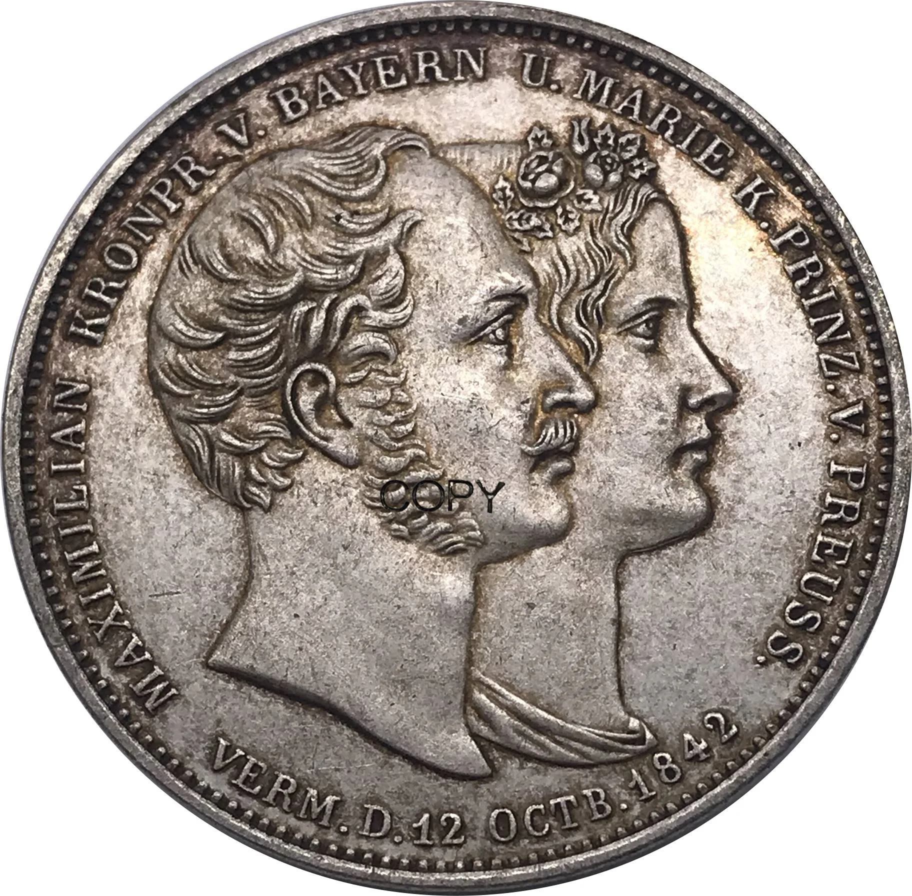 

German States 1842 Coin 2 Thaler 3 1/2 Gulden - Ludwig I Marriage Metal Cupronickel Plated Silver Souvenir Replica Copy Coins