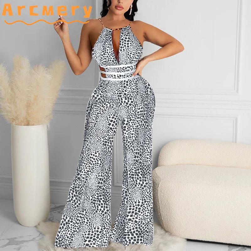 

Women Plus Size Halter Printed Backless Wide Leg Jumpsuits