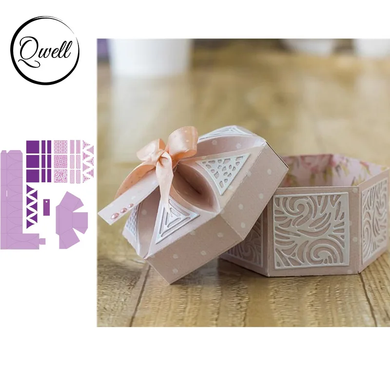 QWELL Шестигранная лепестковая коробка, металлические режущие штампы для скрапбукинга и открыток, бумажное тиснение, новинка 2019, штампы