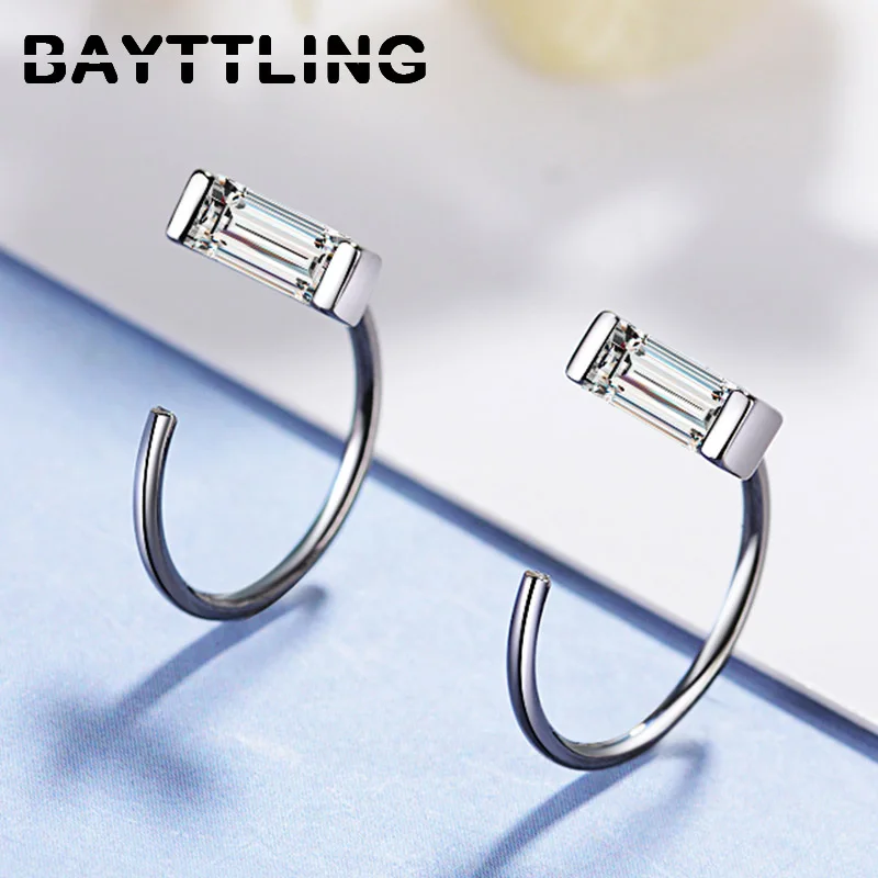 

BAYTTLING Silver Color 14MM Black/Silver Simple Fine Square Zircon Earrings For Woman Couple Fashion Wedding Gift Jewelry