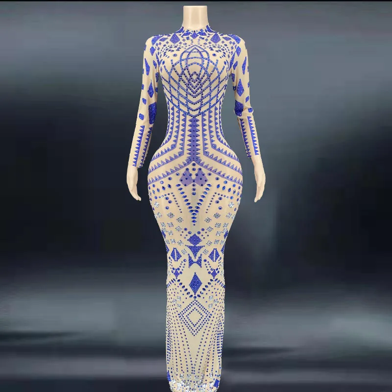 

Блестящее Голубое Прозрачное длинное платье стразы для выпускного вечера, празднования дня рождения, сетчатый наряд