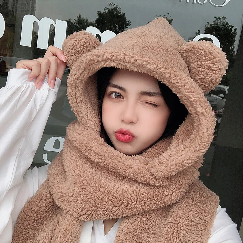 Lamb velvet hat female autumn and winter all-match cute hooded bear scarf gloves one warm and cold ear protection cotton cap