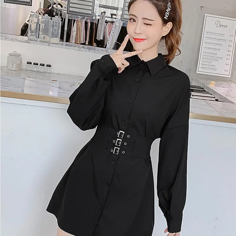 

One-Piece Korean Dress 2020 New Spring Autumn Fashion Dress Women Shirt Loose High Waist Dress Slim Was Thin Elegant Belt Dress