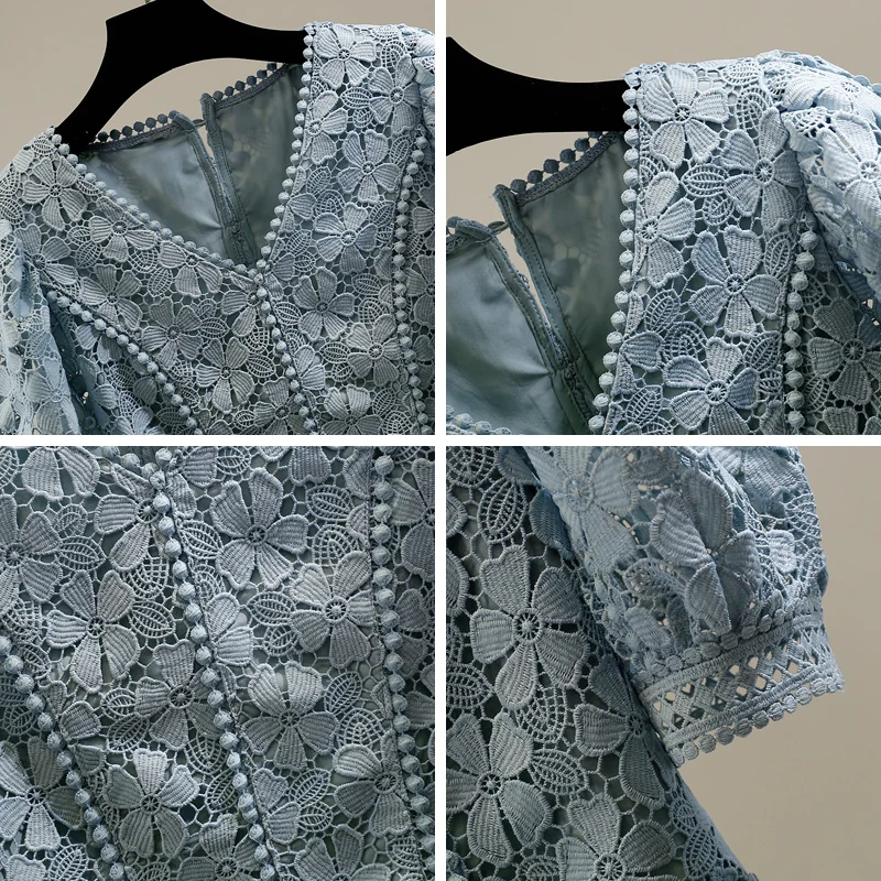 

Fashion Sexy V-neck Flower Short Shirt Women's High-end Lace Crocheted Hollow Tops Simple Fresh Short Sleeves Blouse 2021 Summer