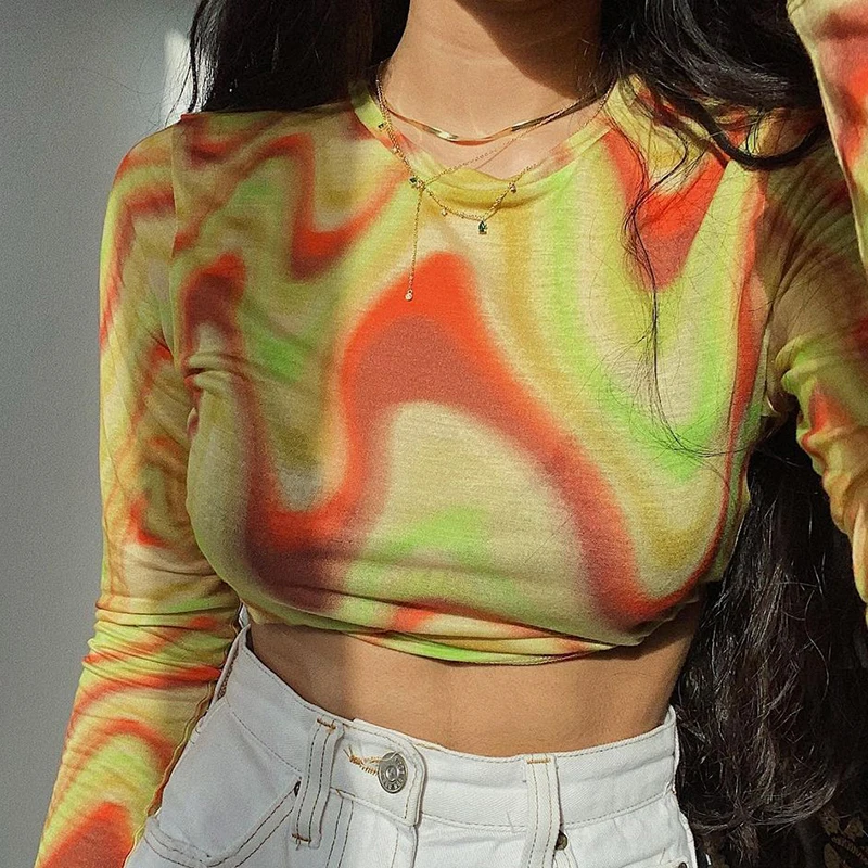 

Paisley Printed Y2k Hollow Out Sexy Women's T-Shirts 2021Summer Tie Dye Crop Top Skinny Long Sleeve Reversible Wear Tee Shirt