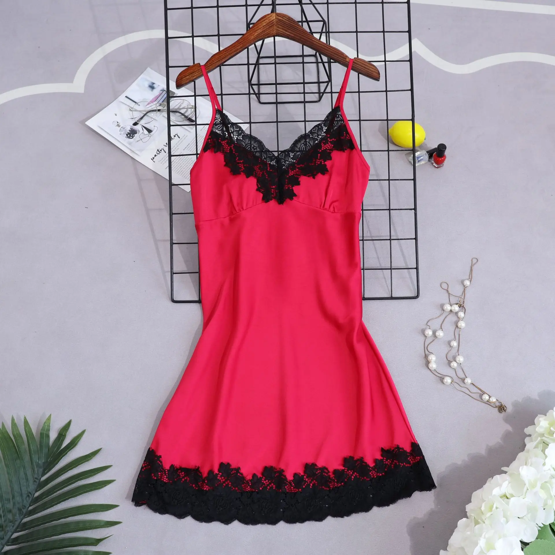 Женская ночная рубашка с v образным вырезом Сексуальная кружевная Пижама без