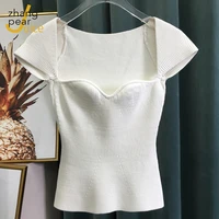 women white solid knitted shirt blouse short sleeve chic female casual slim tops strapless elegant blouse shirt