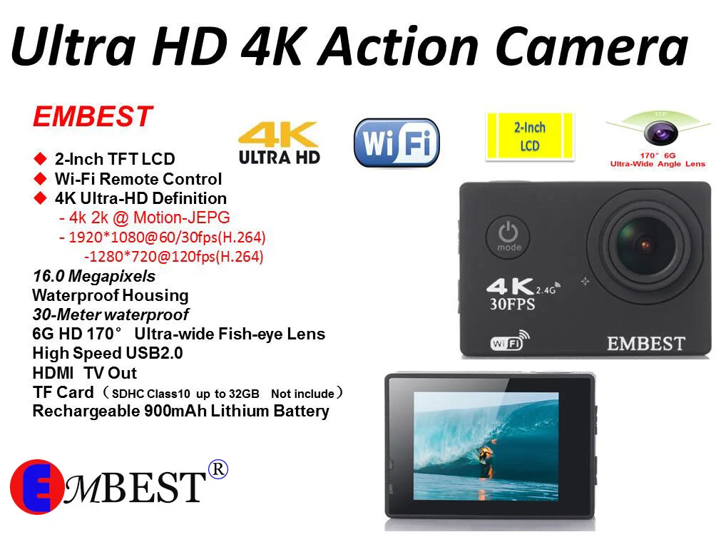 Спортивная Экшн-камера EMBEST 4K wifi с пультом дистанционного управления Ultra HD Водонепроницаемая подводная 30 м видеокамера 16MP 170 градусов широкоугольный
