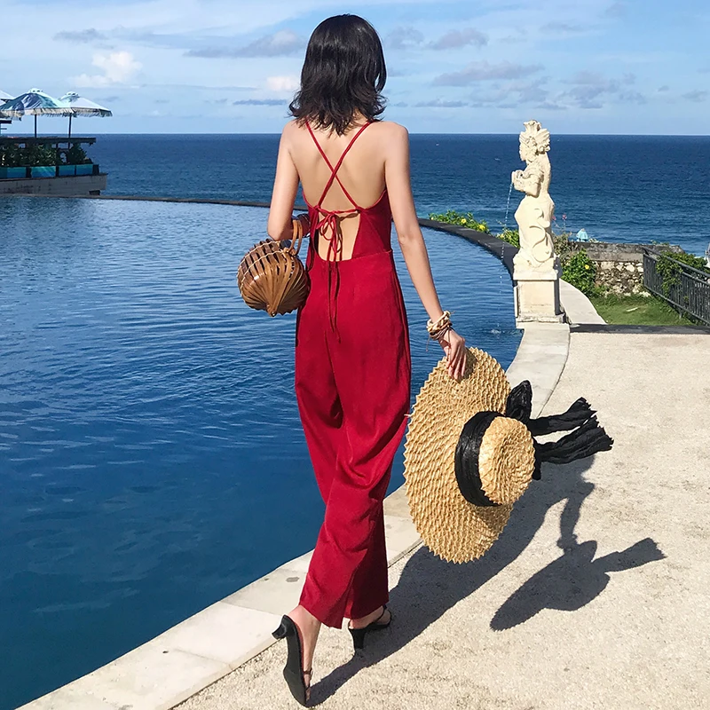 Летний Бургундский женский комбинезон элегантный тропический с широкими