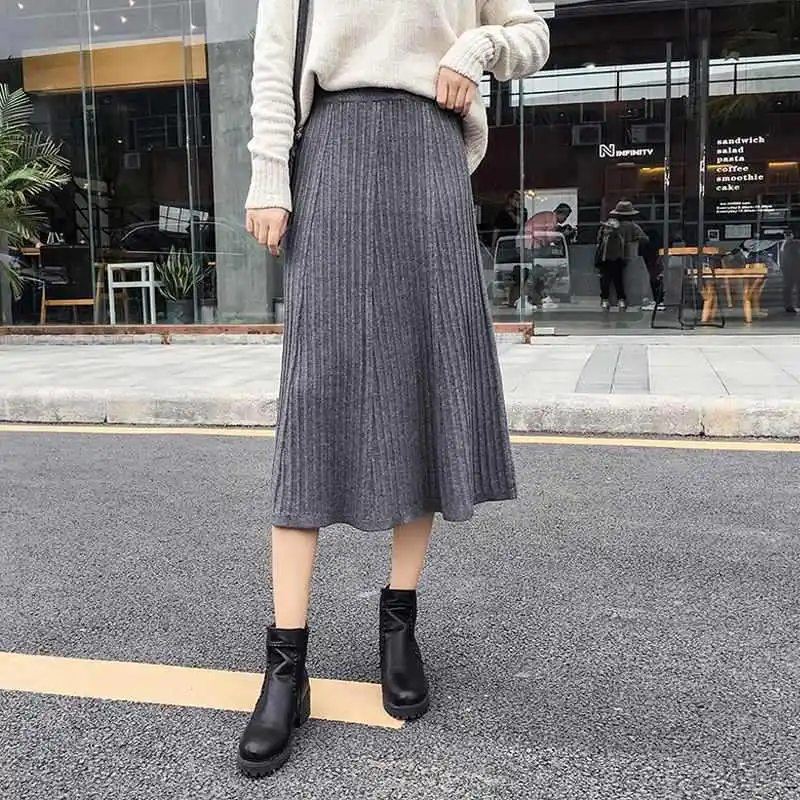 

Knitted Skirt for Fall/winter 2021 New High-waist Solid Color Pleated Skirt A-line Mid-length Skirt