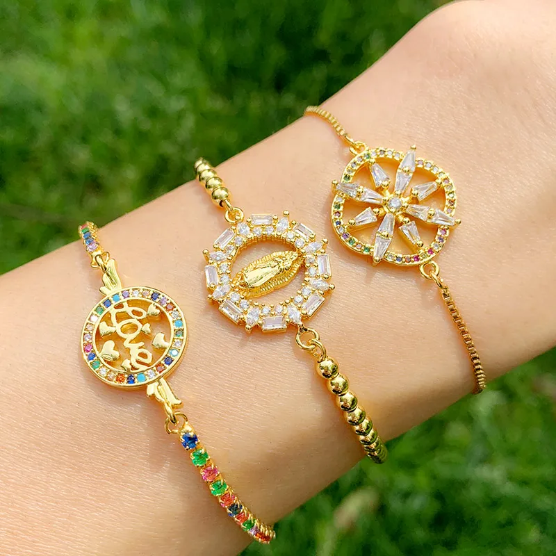

Gold Filled Virgin Mary Bracelets For Women Multicolor Crystal Love Letter Charm Bracelet Cubic Zirconia Rainbow Jewelry brtc15