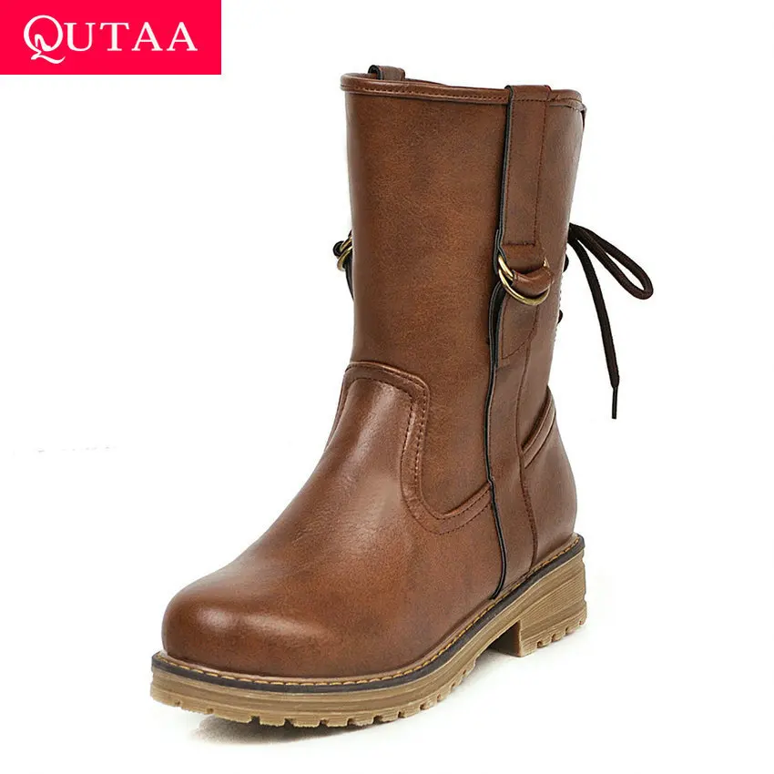 Женские ботинки до середины икры QUTAA осенне зимние из искусственной кожи на